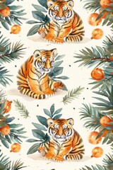 Poster - Two tigers and oranges on a white background. Perfect for nature or wildlife designs