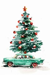 Painting of a car with a Christmas tree on top. Perfect for holiday season designs