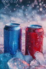 Poster - Two cans of soda sitting on top of ice. Perfect for summer drink concepts