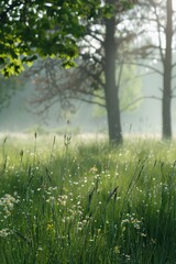 Aufkleber - Beautiful field of grass and flowers with trees in the background. Great for nature and outdoor concepts