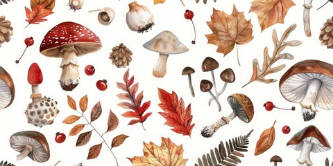 Poster - Various types of leaves and mushrooms, suitable for nature-themed projects