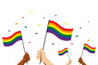 © auns85 - LGBT pride month, Human hands holding rainbow flag on isolated background, Vector illustration.