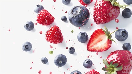 Canvas Print - A variety of strawberries, blueberries, and raspberries displayed on a clean white surface. Ideal for food and nutrition-related projects