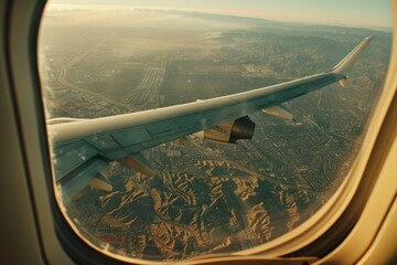 Poster - A city view captured through an airplane window, suitable for travel and urban concepts