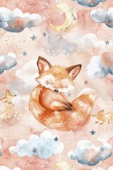 Poster - A peaceful fox sleeping in fluffy clouds, suitable for dreamy and whimsical designs