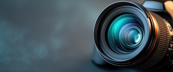 closeup of camera lens with bokeh background, photographer