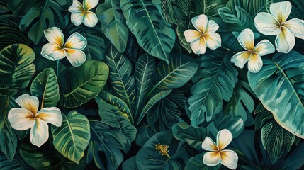 Poster - Beautiful painting of white flowers and green leaves, suitable for home decor or nature-themed projects