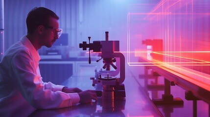 Poster - Scientist Working with Laser Technology in Modern Laboratory. Generative ai