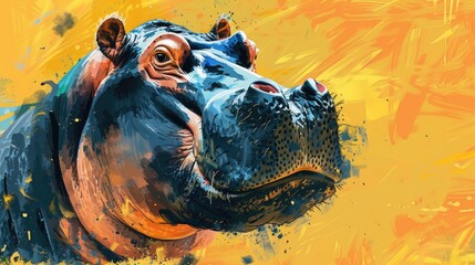 Aufkleber - A detailed view of a hippo on a vibrant yellow backdrop. Ideal for educational materials or wildlife-themed designs