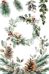 Aufkleber - Festive watercolor illustrations of Christmas wreaths and pine cones. Perfect for holiday designs and decorations