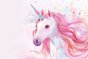  Beautiful watercolor painting of a unicorn with a pink mane. Perfect for children's books or fantasy-themed designs