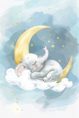Aufkleber - Cute baby elephant peacefully sleeping on a fluffy cloud, ideal for children's books or nursery decor