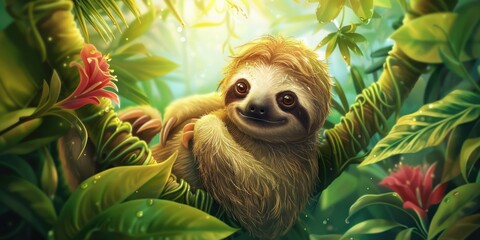 Sticker - A sloth peacefully sitting in the jungle, suitable for nature and wildlife themes