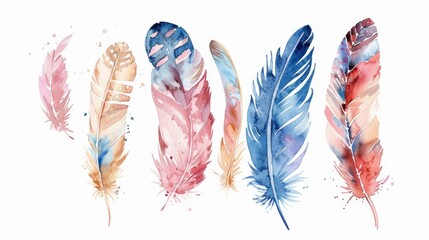 Poster - Colorful watercolor feathers on a clean white background. Ideal for artistic projects and designs