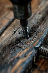 Poster - Close up of a drill on a piece of wood, suitable for industrial or DIY projects