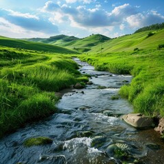 Aufkleber - A peaceful countryside landscape with rolling green hills and a clear stream flowing through, perfect for relaxation-themed concepts.