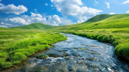 Poster - A peaceful countryside landscape with rolling green hills and a clear stream flowing through, perfect for relaxation-themed concepts.