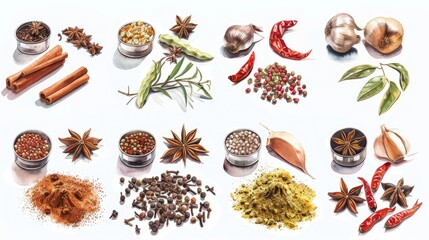 Aufkleber - Various spices and herbs on a white surface, perfect for culinary designs