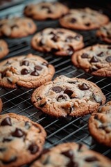Poster - Delicious chocolate chip cookies cooling on a rack, perfect for food blogs or baking recipes
