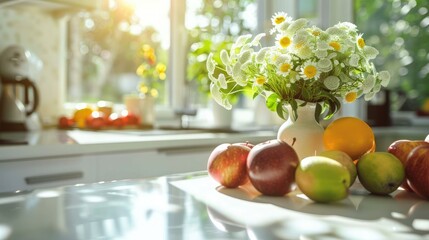 Poster - A pristine white kitchen counter adorned with freshly picked fruits and flowers, with sunlight streaming in through the window. 