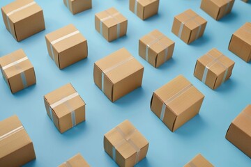 Poster - Various brown boxes arranged on a blue surface. Suitable for logistics and storage concepts