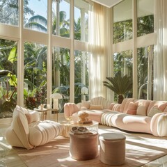 Poster - A bright and airy living room with pastel-colored furniture and large windows overlooking a lush garden. 