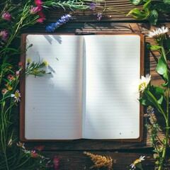 Poster - A blank notebook or journal open on a wooden table, surrounded by blooming flowers and greenery. 