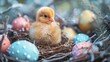 A cute little chick sits in the nest surrounded by colorful Easter eggs, realistic photography, stock photo, high detail, HDR, natural light, trending on artstation