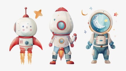Poster - Cartoon image of three astronauts in space suits. Suitable for educational and children's projects