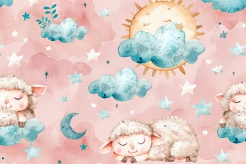 Poster - Tranquil scene of sheep resting on a fluffy cloud. Ideal for children's books or nursery decor