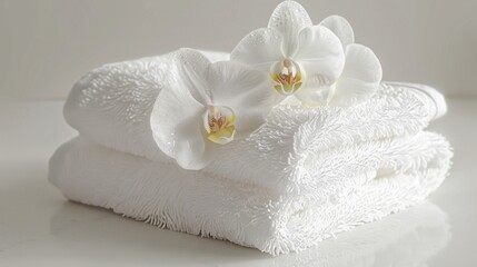 Wall Mural - Neat stack of white towels on a table, suitable for bathroom or spa concept