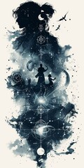 Aufkleber - a man standing in front of a sky filled with stars. monochromatic ink illustration with fantasy worl