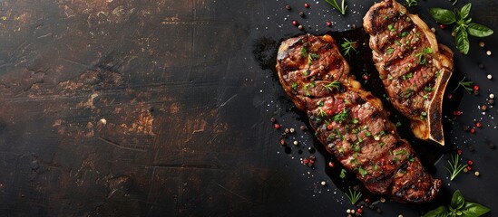 Wall Mural - Ribeye steak grilled with herbs and spices, seen from above with space to add your text.