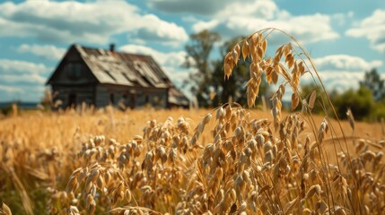Poster - A picturesque view of a wheat field with a house in the background. Ideal for agricultural concepts