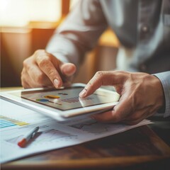 Poster - A businessman using a digital tablet to showcase data during a presentation. 