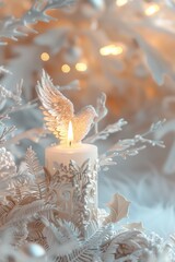 Poster - Bird resting on a white candle, suitable for various themes
