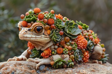 Canvas Print - A fantasy frog or toad covered in a bunch of flowers and leaves, AI