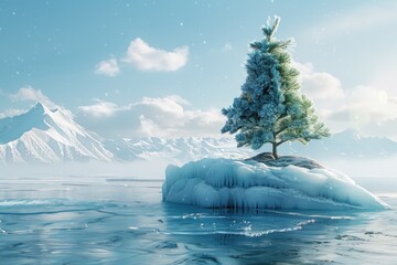 Poster - A single tree standing on an iceberg in the vast ocean. Suitable for environmental or climate change concepts