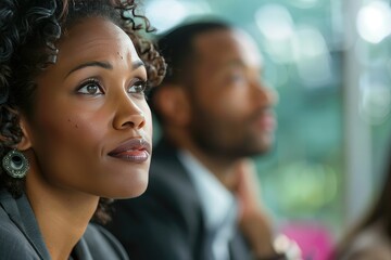 Poster - Close-up of a businesswoman listening intently to her colleague during a meeting. 