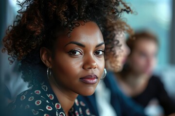 Poster - Close-up of a businesswoman listening intently to her colleague during a meeting. 