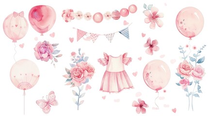 Poster - Colorful watercolor balloons and flowers, perfect for greeting cards or invitations