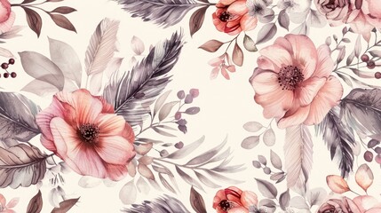 Poster - A beautiful pattern of pink flowers and leaves on a white background. Suitable for various design projects