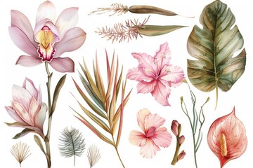 Poster - Colorful flowers and green leaves on a clean white background, perfect for various design projects
