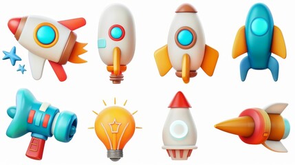 Poster - The set includes a light bulb, megaphone, and rocket as 3D modern icons.