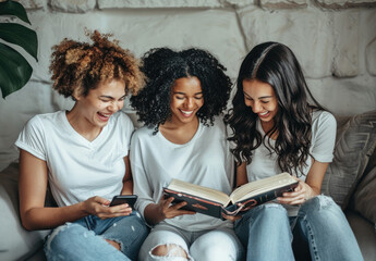 Sticker - friends sitting on the sofa at home, laughing and reading together from an open book while one of them shows something to another through his phone