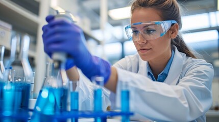 Canvas Print - A woman in lab coat and goggles working on blue liquid, AI