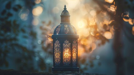 Wall Mural - The Islamic Holy Month Ramadan Kareem - Ornate Arabic Lantern with Glow at Evening