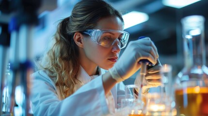 Canvas Print - A woman in lab coat working on a chemical reaction, AI