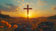 Large Crucifix cross with cloudy sky and sunset Christian cross in the dusk colorful sky during the sunset church holiday background