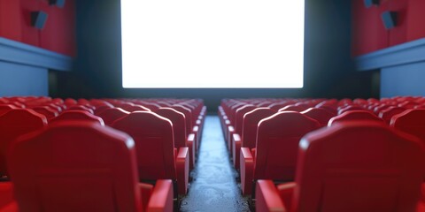 Poster - A vacant theater with red seats and a large screen. Ideal for use in presentations or movie-themed designs